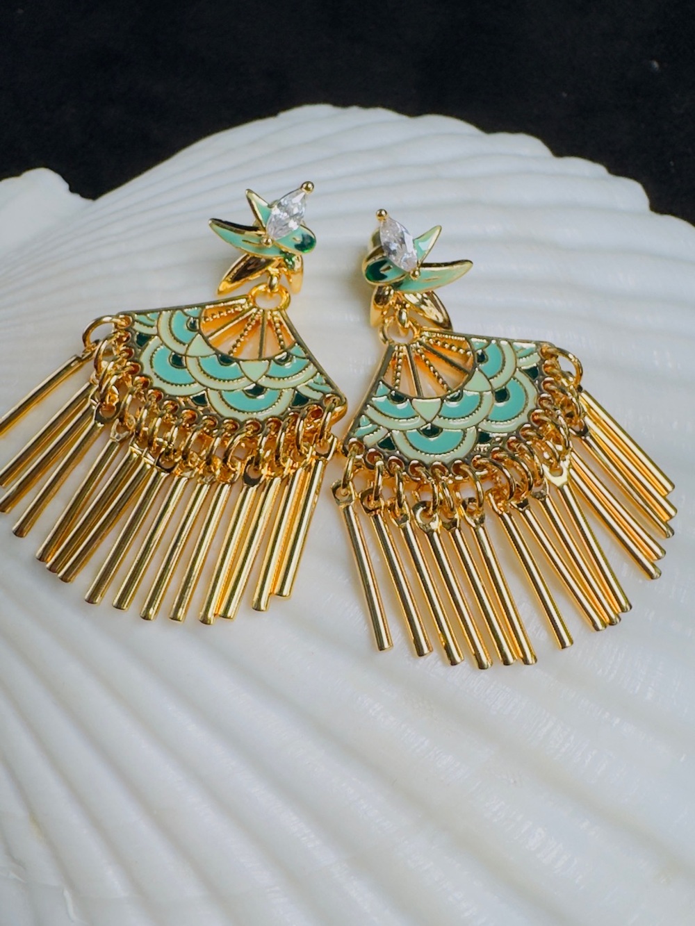 Gold and Mint Fan Tassel Drop Earrings - Women's Jewelry - Picture 4 of 8